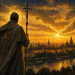 Silhouette di un Papa con il pastorale vista di spalle, sullo sfondo il panorama di Cracovia al tramonto con le guglie delle chiese e il fiume Vistola